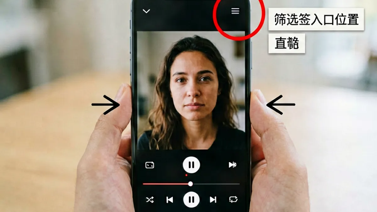 avav天堂移动端播放器界面中手势操作区域与标签筛选入口的位置标注示意图